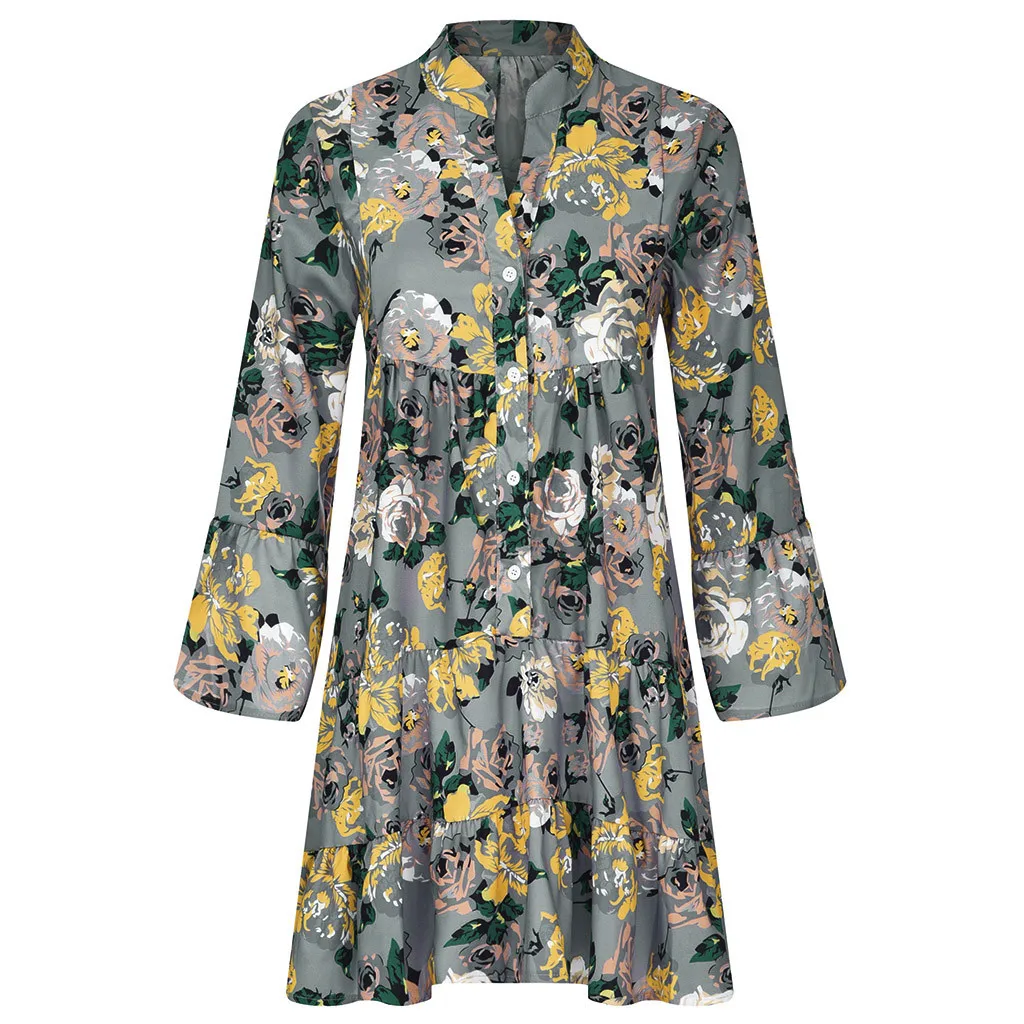 JAYCOSIN, женское летнее платье в стиле бохо, Пляжное платье с цветочным принтом, сарафан, свободные Мини Короткие вечерние платья размера плюс 5XL - Цвет: Серый