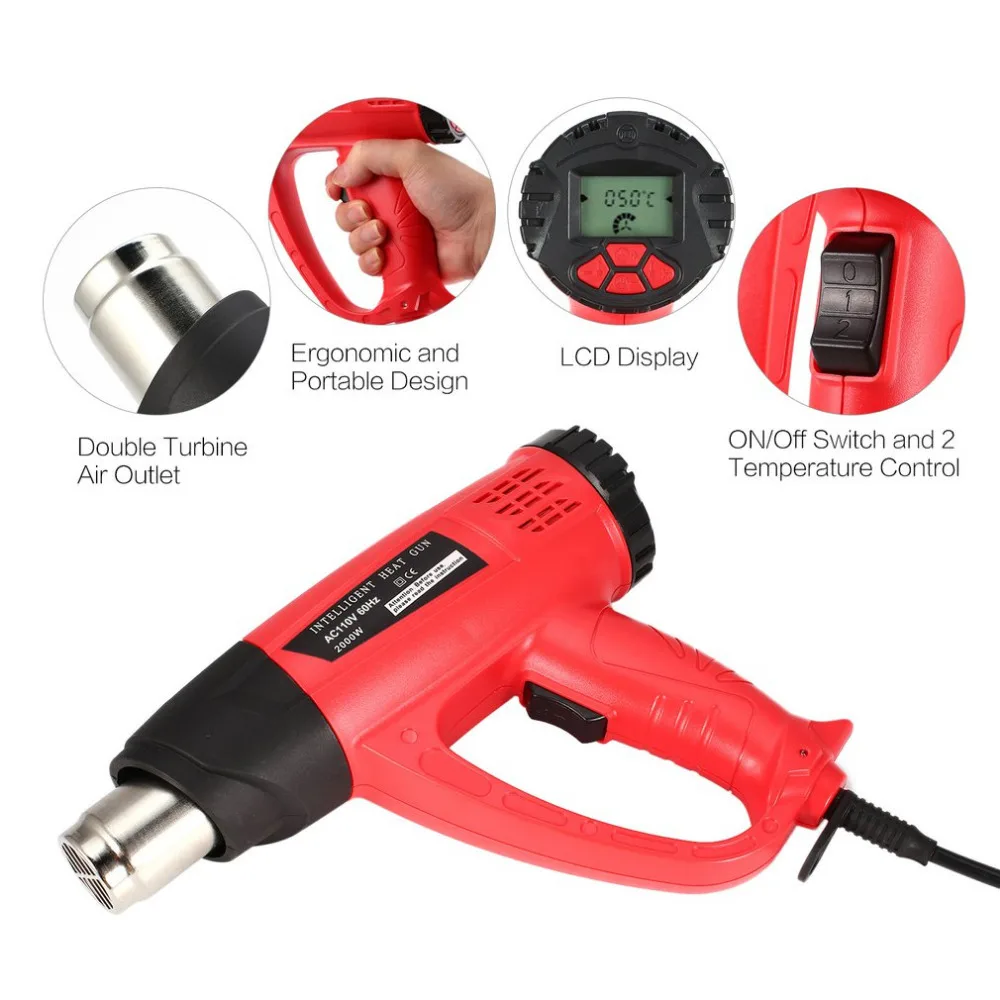 

2000W Heat Gun Electric LCD Hot Air Temperature Fan Adjustable Shrink Wrap Paint Stripper Dissolving Rework DIY Tool + Nozzle