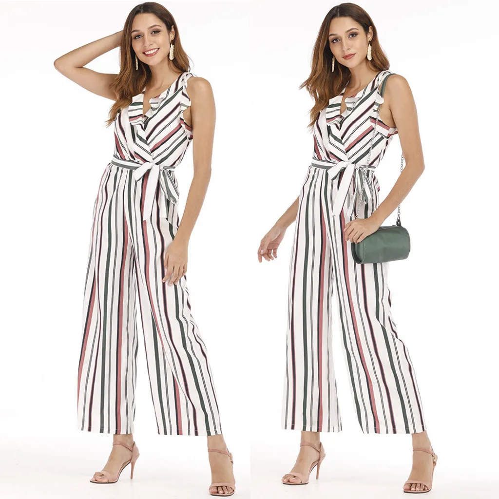

Womail Jumpsuit Womens Striped V-neck Ruffles Sleeveless Long Playsuits Lace-up Jumpsuit Summer Wide Leg Rompers Apr 30