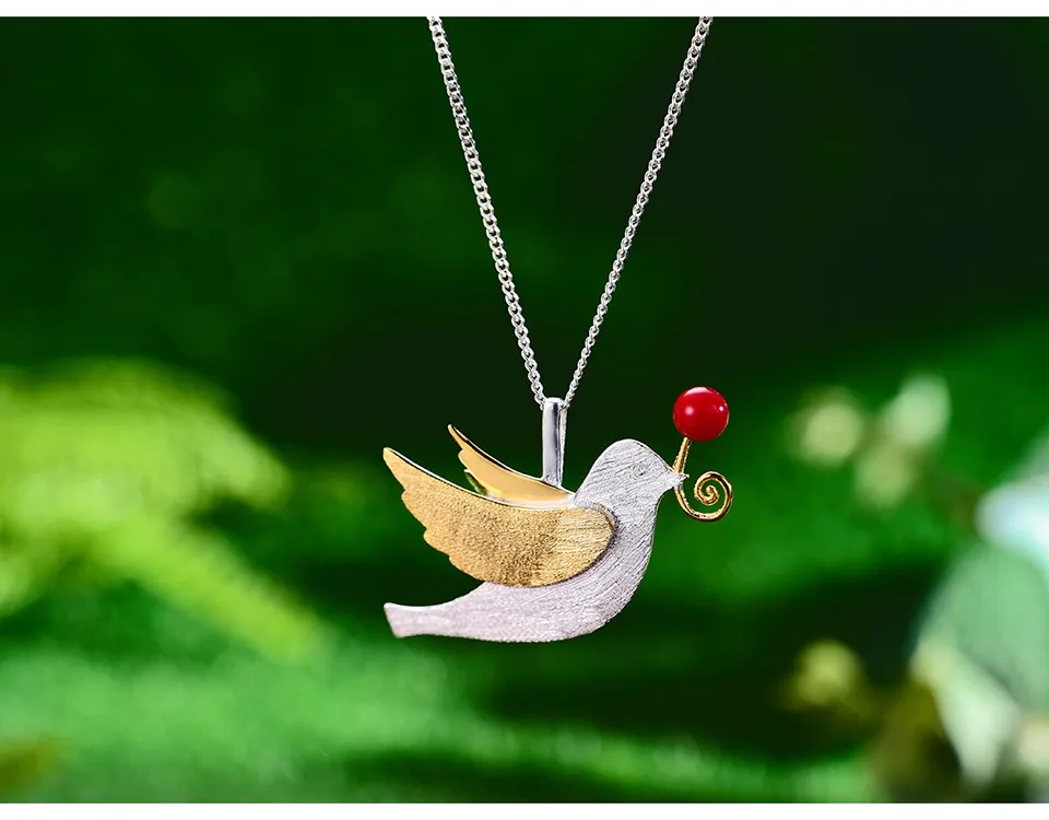 Lotus Fun Real 925 Sterling Silver Handmade Fine Jewelry Creative Flying Pigeon with Fruits Pendant without Necklace for Women