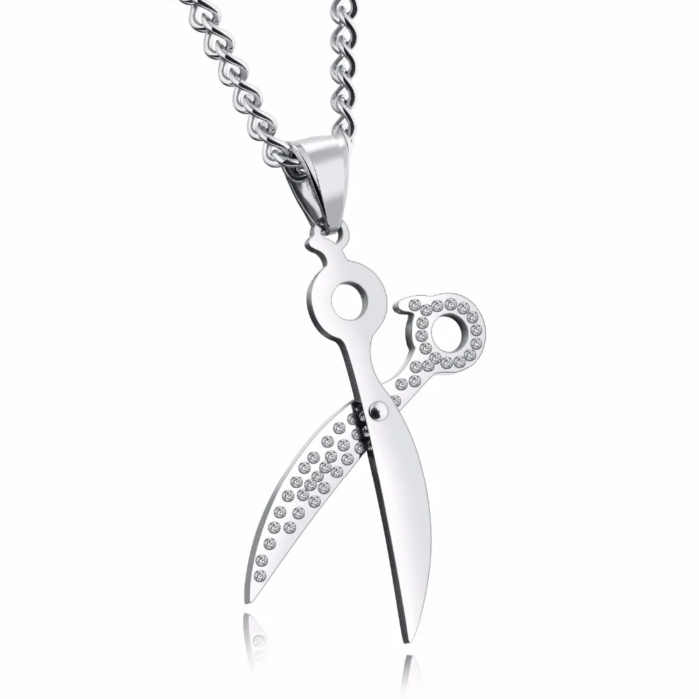 

Stainless Steel Crystal Paved Stylist Scissor Pendant Necklace Beauty Salon Hairdresser Jewelry Gifts for Women Men