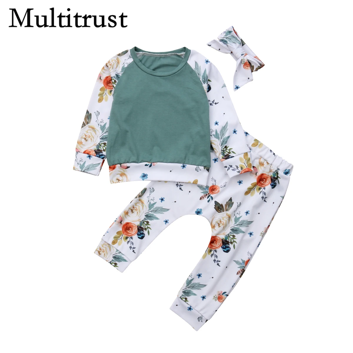 2018 Multitrust Brand Newborn Kid Baby Girls Floral Cotton Clothes Tops Green Sweatsuit T Shirt Tee +Pants Outfits Autumn Set