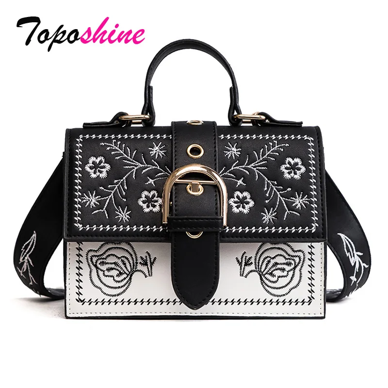 

Toposhine Fashion Women Bag Panelled Vintage Flower Girls Bags for Girls Black PU Leather Women Messenger Bags Drop Shipping