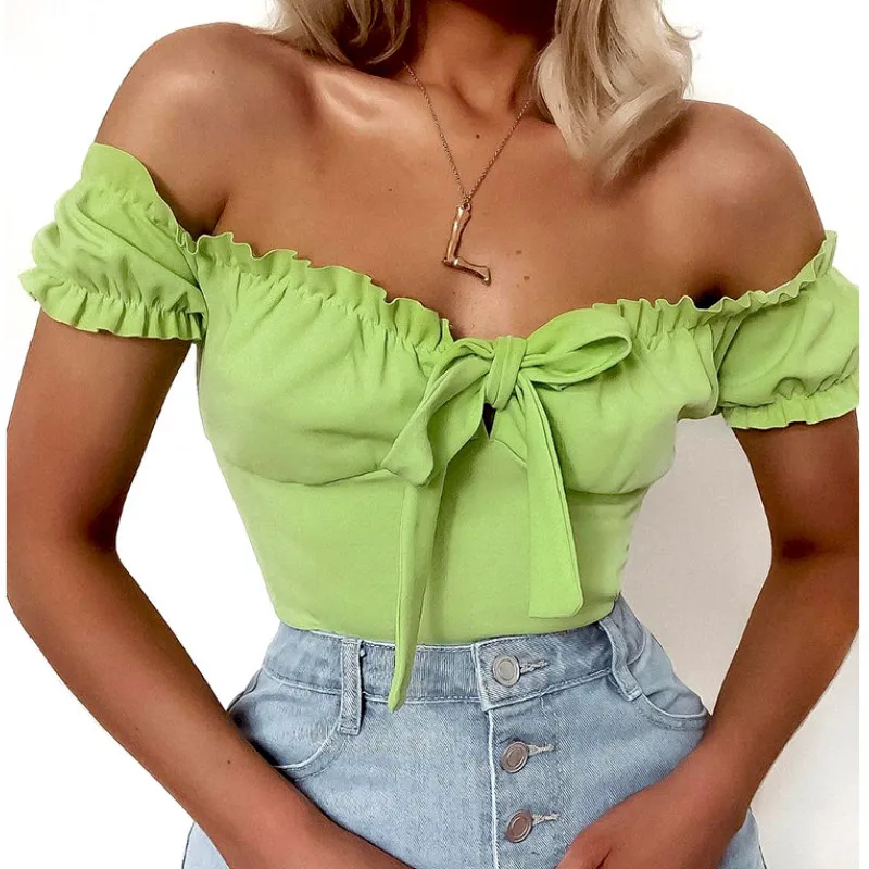 2019 جديد كشكش Bowknot ارتداءها بلوزات غير مغطية للكتف عارية الذراعين قصيرة بذلة رومبير تمتد يوتار أعلى بلون 2019 جديد كشكش Bowknot ارتداءها بلوزات غير مغطية للكتف عارية الذراعين قصيرة بذلة رومبير تمتد يوتار أعلى بلون