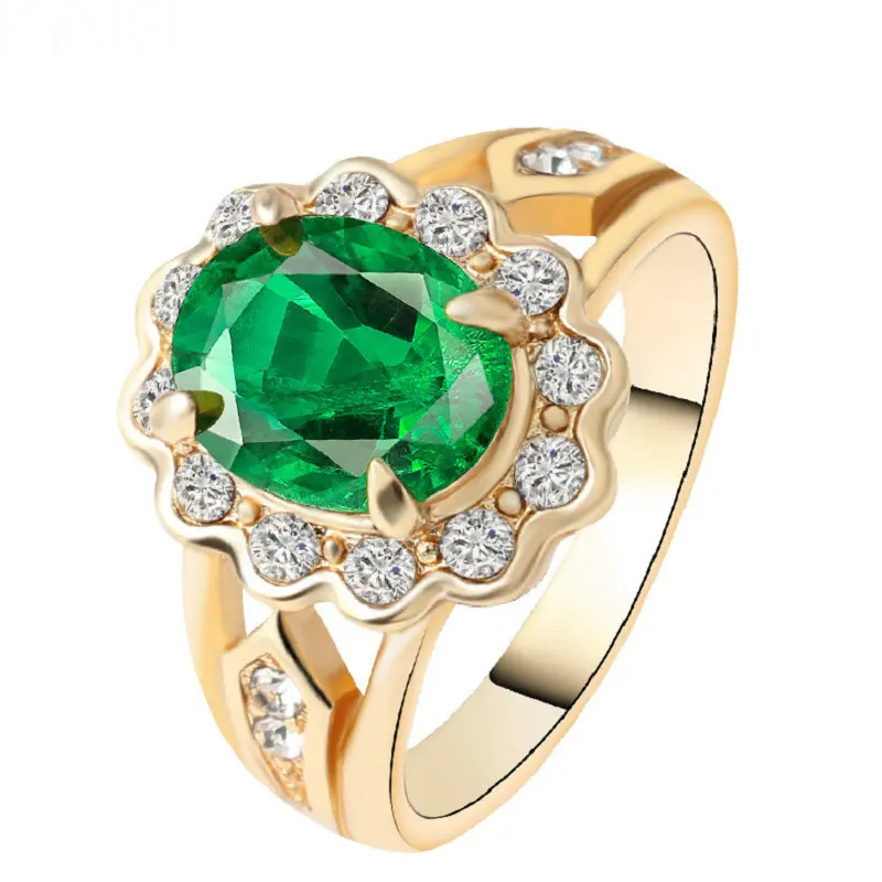 

Luxury Big Green Crystal Wedding Rings For Women Plating Gold Mosaic White Crystal 2017 New Fashion bague femme Accessories