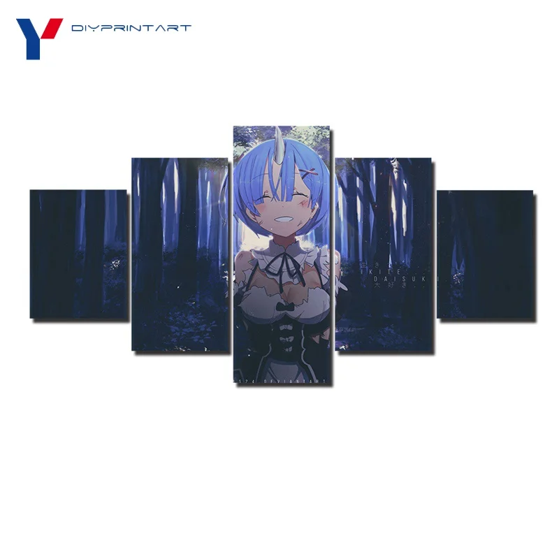 

Anime Girl Rem 5 Panel Canvas Art Paintings Re Zero Poster for Living Room Home Decoration A0686