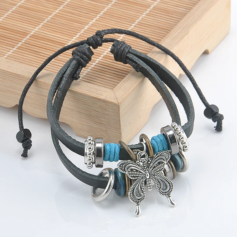 

vintage leather rope multilayer bracelets for women butterfly bracelet & bangles charm braided braclet femme Bohemian Jewelry