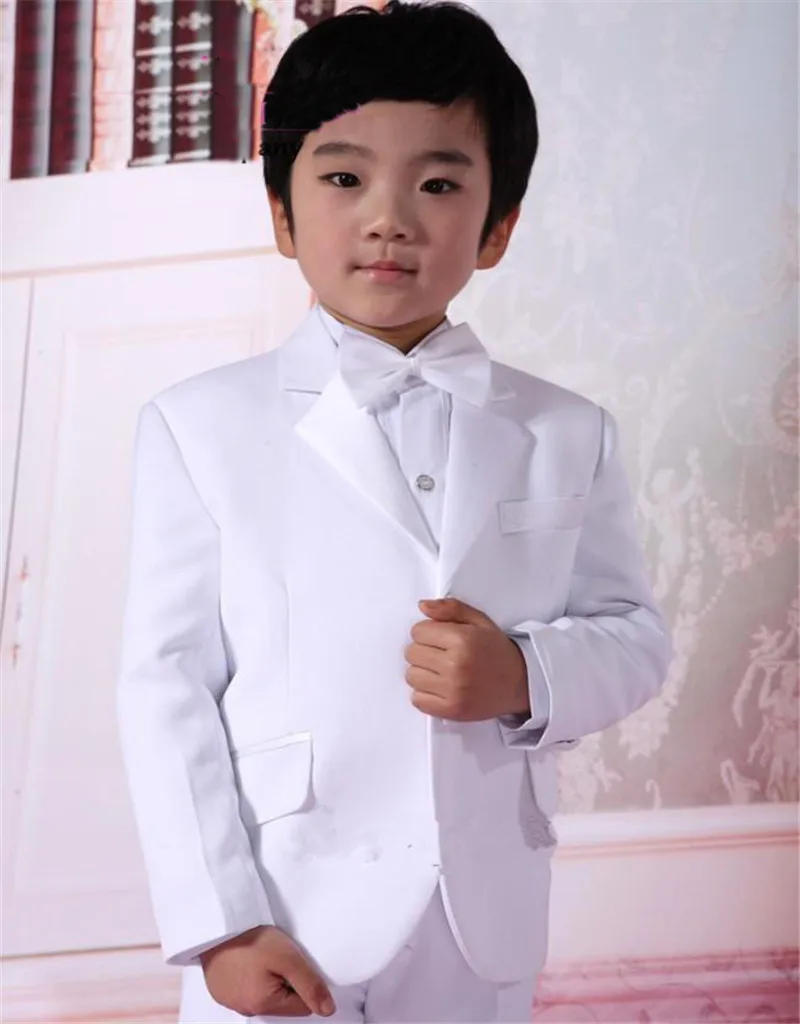 Белая сатиновая официальная одежда для мальчиков, Детские смокинги с зубчатым отворотом и двумя пуговицами на свадьбу, детские костюмы(пиджак+ брюки+ бант - Цвет: AS PICTURE