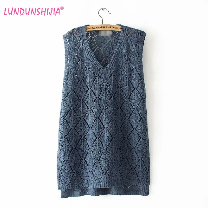 

LUNDUNSHIJIA 2019 Spring Autumn Women's Hollow Out Knitting Vest Sleeveless Loose Ladies Casual Long Vests Top Plus Size 2XL-4XL