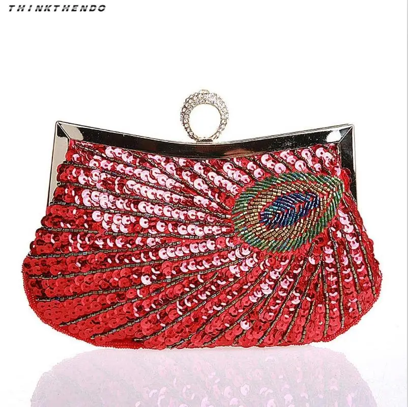 THINKTHENDO винтажные женские бусины Блестки сумка с изображением павлина Дамская мода вечерние клатч сумка кошелек 8 цветов Новинка хит - Цвет: Красный