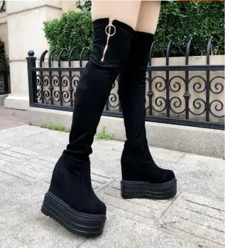 

Autumn and winter new muffin platform suede high boots with heel over the knee boots