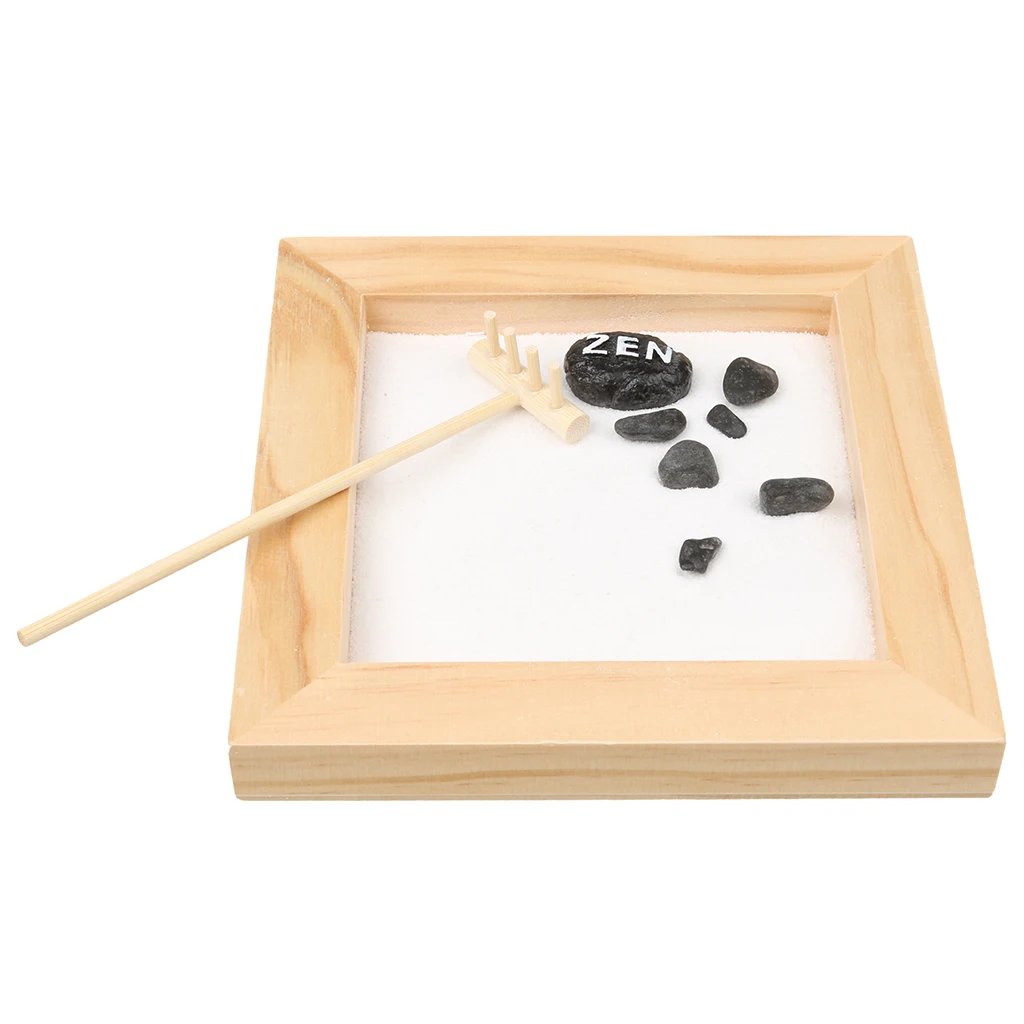 Table Desk Zen Garden Sand Wood Tray Natural Stones Rake Meditation Craft Home Table Decor Miniature 