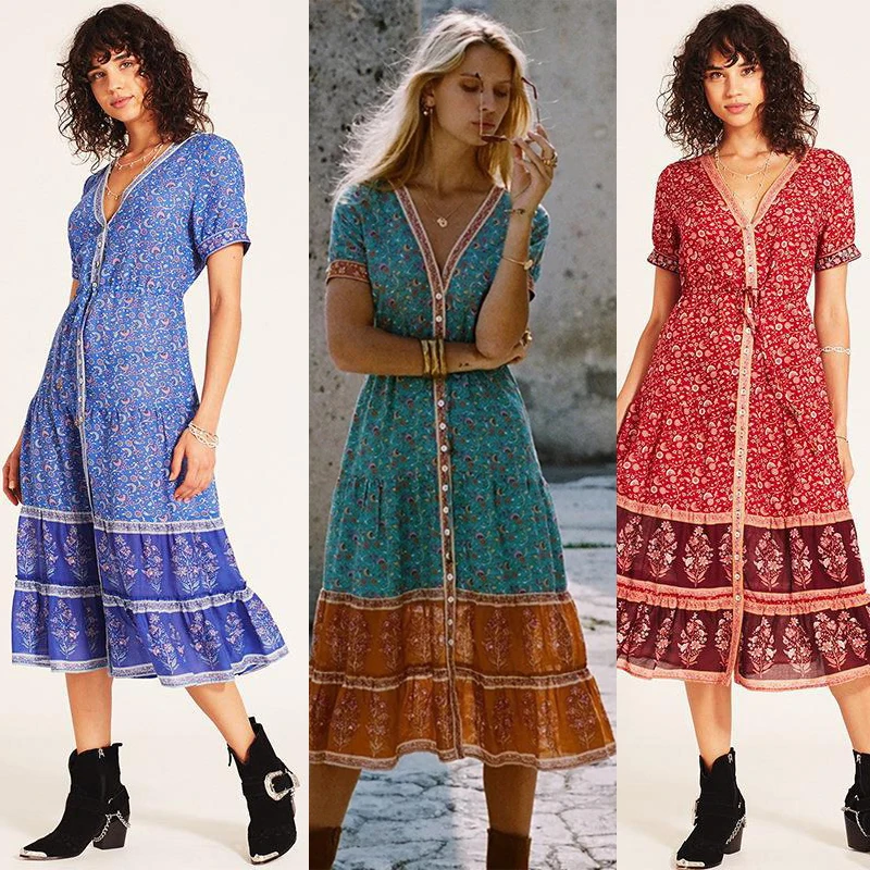 Boho свободное платье Летний стиль в народном стиле Цветочный принт тропический