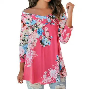 

new retro printed one-neck blouse women seven-point sleeve T-shirt