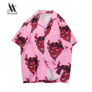 

Hip-hop street clothing shirt male devil full printed short-sleeved summer floral rapper Harajuku loose Hawaiian Korean shirt