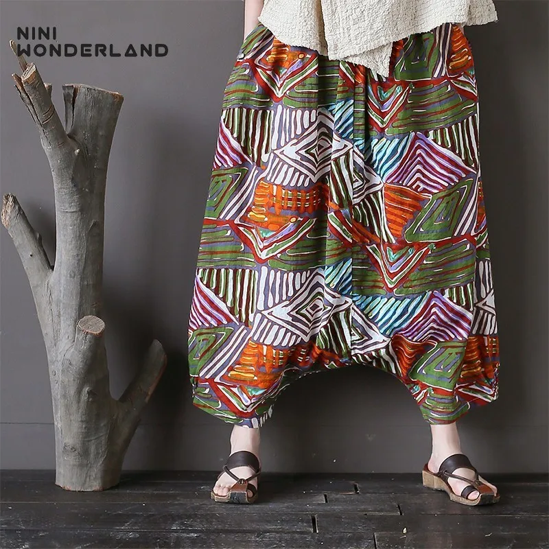 

NINI WONDERLAND 2019 Summer Print Hip Hop Pants Loose Women Elast Waist Printed Cotton Linen Trousers Plus Size Cross Pants Lady