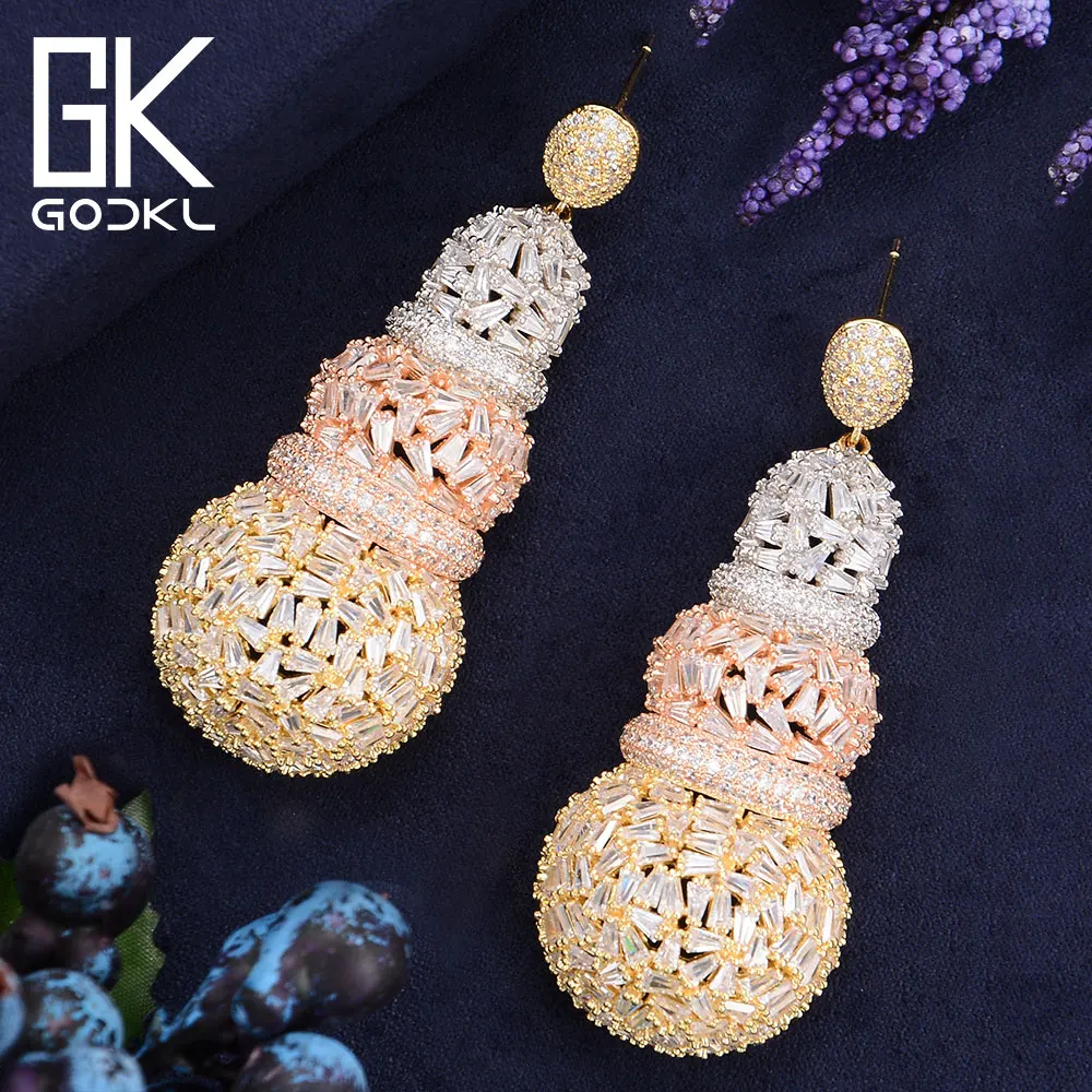 

GODKI Luxury Gourd Flower Cubic Zircon CZ Long Dangle Earrings For Women Wedding DUBAI Drop Earrings boucle d'oreille femme 2018
