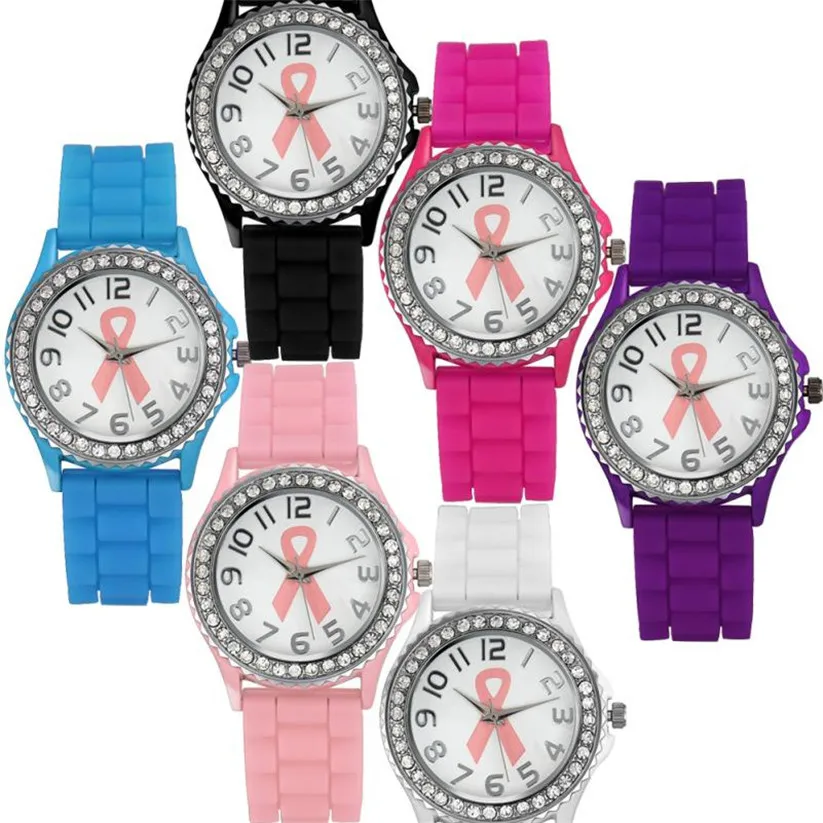 

Womens Quartz Watches 1 PC Pink Bow Cancer Patterns Analog Wrist Watch Silicone Strap Lady Female Watches Brands Wholesale 30M17