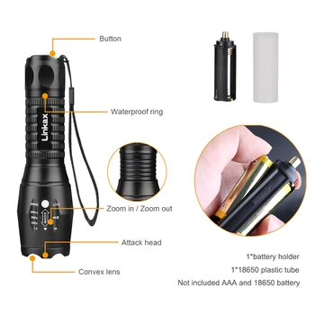 

Linkax 3800LM Zoomable 5 Modes LED Flashlight Black E17 SOS Light T6 For Hunting Hiking Cycling Police Torch Flashlight