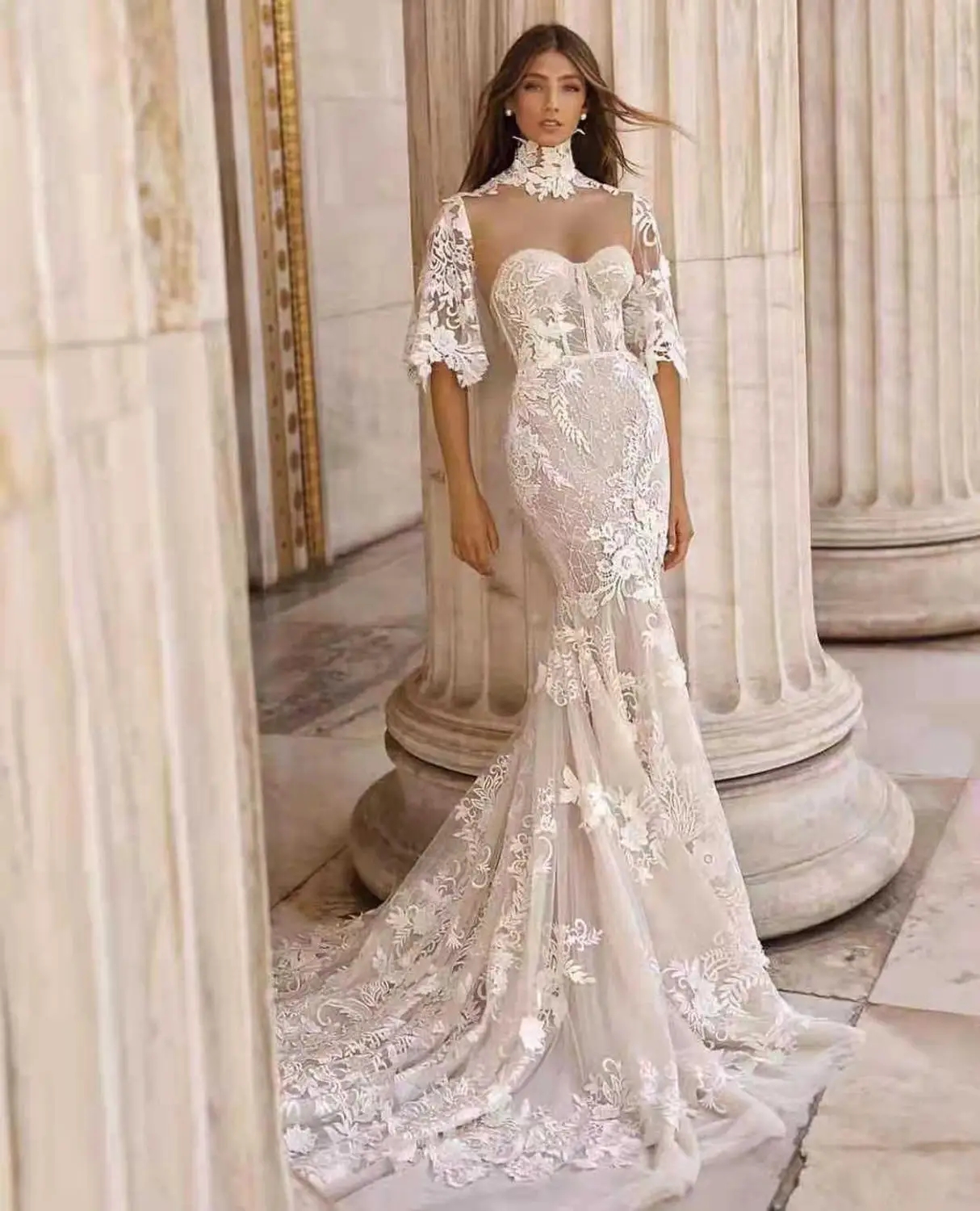 

2019 European and American spring and summer new white high collar tube top short sleeve mesh lace printing MAXI lo Dress + suit