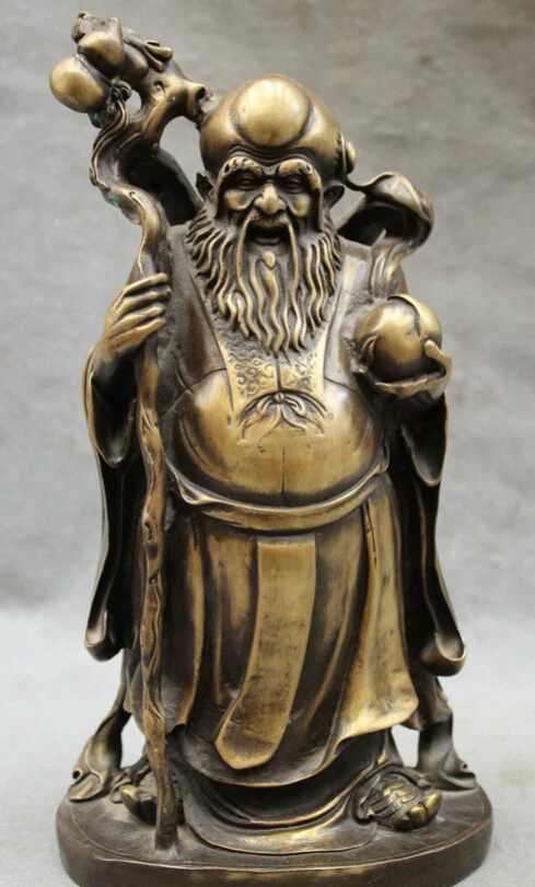 

USPS to USA S1572 13" Folk Chinese Pure Bronze Taoism Longevity Shou Gourd Peach Star God Statue B0401