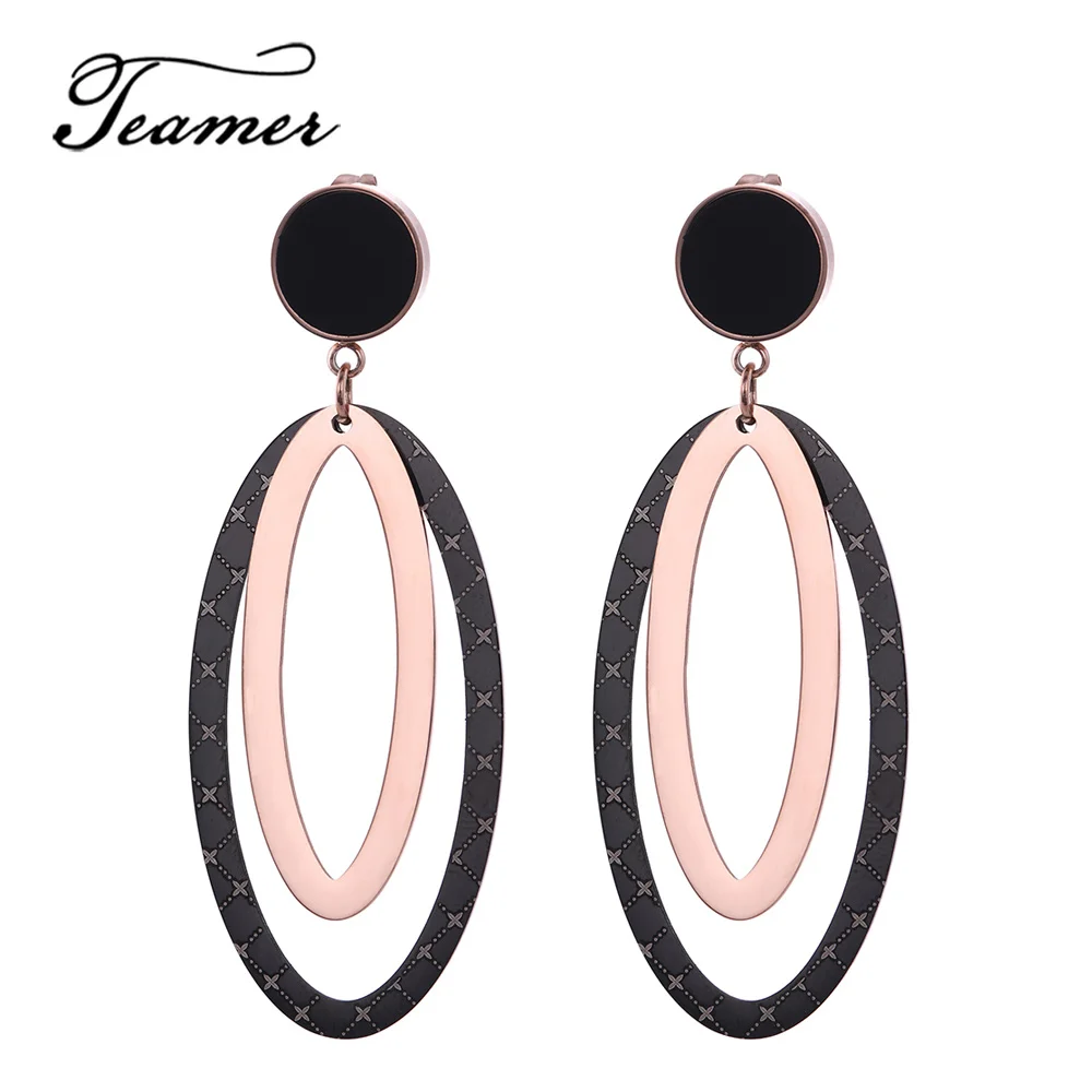 

Teamer Black Gold Color Stainless Steel Earrings for Women Double Hollow Oval Geometric Drop Earrings Simple OL Fashion Jewelry