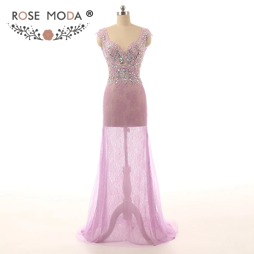 

Rose Moda Sexy See Through Crystal Beaded Lilac Lace Prom Dresses Reflective Dresses 2019