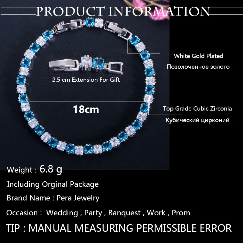 Пера; модная женская обувь на больших квадратных Багет Форма кубического циркония серебро Цвет светло-голубого цвета, браслеты с брелоками для Для женщин вечерние ювелирные изделия B046