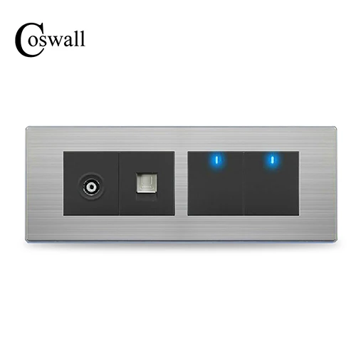 COSWALL 2 банды 2 ходовой настенный светильник светодиодный индикатор с ТВ-розеткой и RJ45 Интернет-порт панель из нержавеющей стали 197*72 мм - Цвет: Black