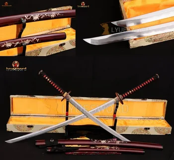 

LYUESWORD Handmade Full Tang Japanese Samurai Sword Set (Katana+Wakizashi) Damascus Abrasive Polish Blade Seashell OX Horn Saya