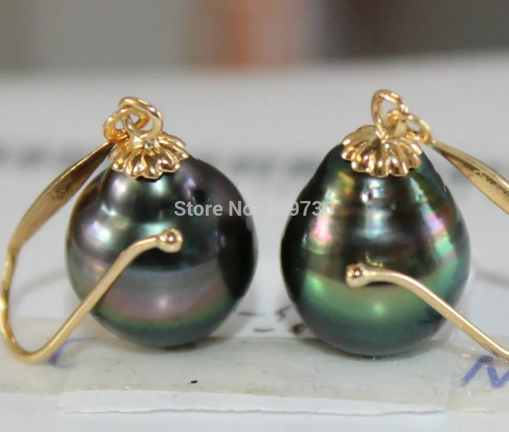 

ry00314 PAIR NATURAL TAHITIAN GENUINE 14X10MM BLACK PEACOCK PEARL EARRING PERFECT AAAAA A0422