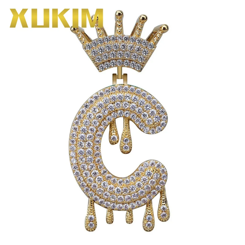 

Xukim Jewelry Gold Color Alphabet Drip Crown Bubble Letters A-Z Pendant Necklace Jewelry Gift Iced Out Hip Hop Jewelry
