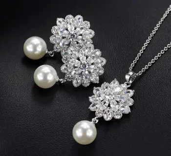 

Wholesale Glittering Cubic Zirconia Stone simulated Pearl flower jewelry set for women Luxury engagement jewellery accessory