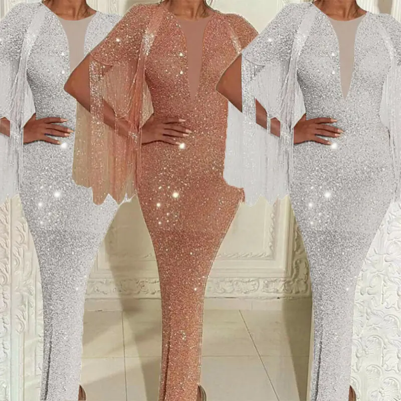 

Womens Deep V-neck Glitter Bodycon Split Long Maxi Dress Party Evening Cocktail Tassel Party Dress