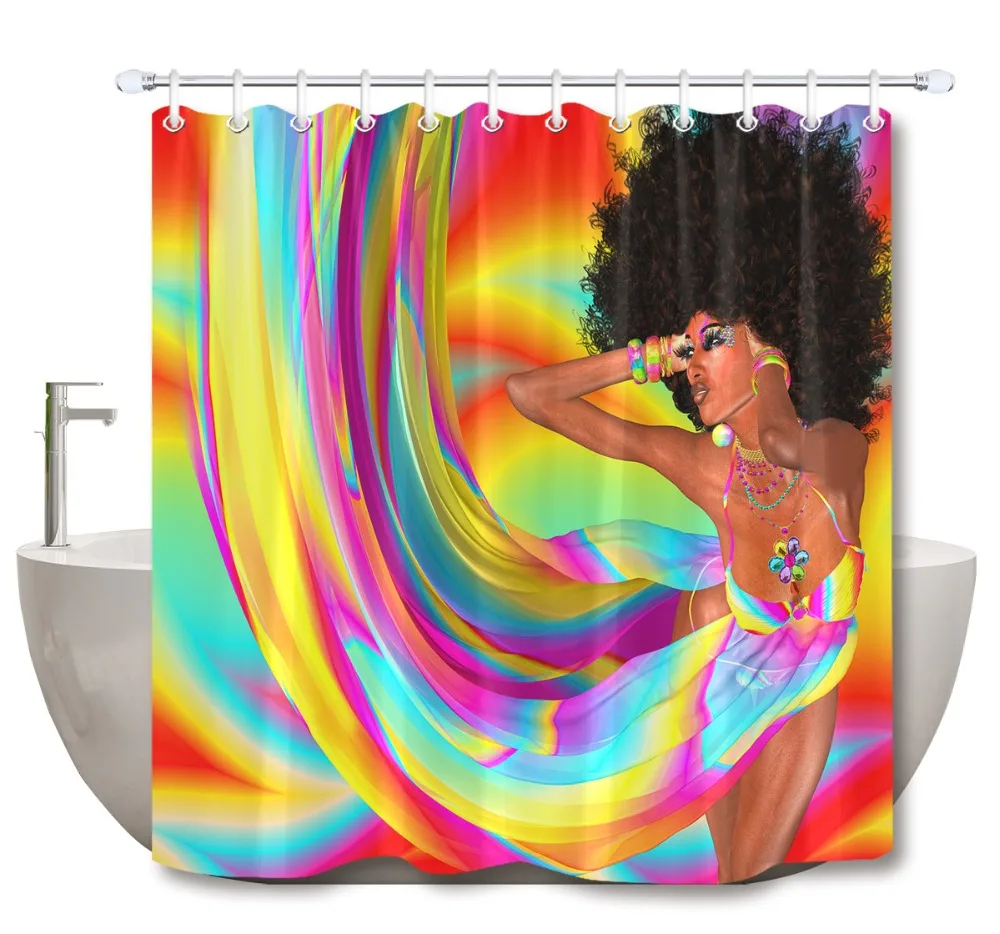 

LB Disco Dancer With Retro Afro Hairstyle African Woman Shower Curtain with Mat Set Bathroom Fabric For Art Girl Bathtub Decor