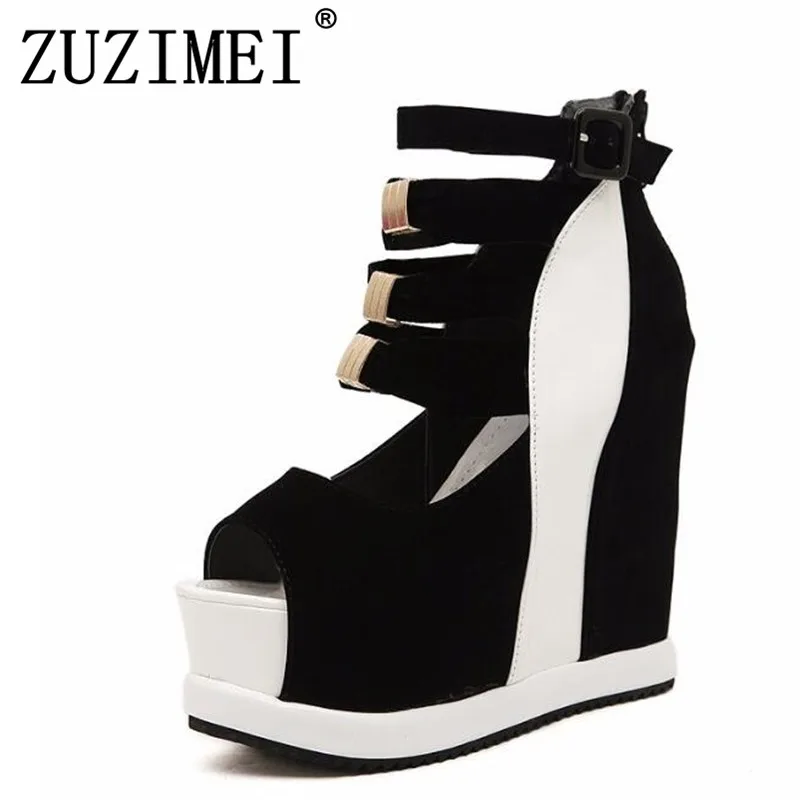

Genuine Women Platform Sandals 2019 Wedges High heel 14.5cm Peep Toe Mixed Colors Summer Sweet Woman Shoes Sexy Ladies Shoes