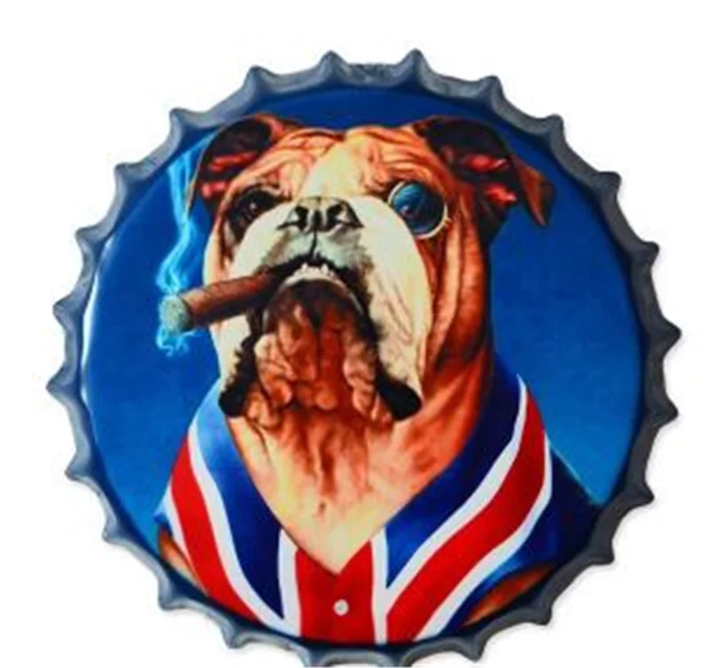 Image 35cm Metal Poster Sign Smoking Dog Round Bottle Cap Tin Signs Art Wall Decor House Cafe Bar Vintage Metal Signs Beer Cap