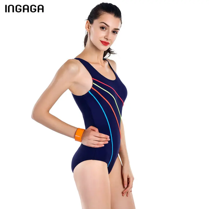 

INGAGA Sport One Piece Swimsuit Striped Cross-back Swimwear Women 2018 Swimming Suits for Women Training Swim Wear