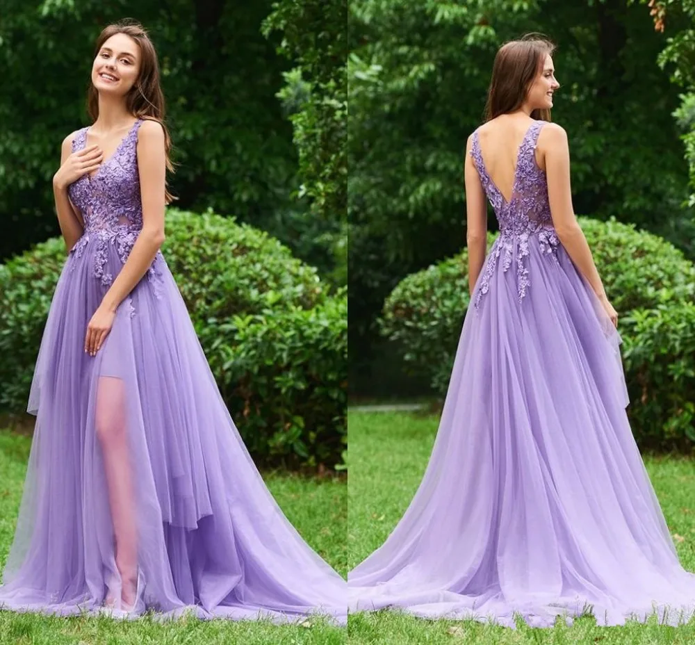 Кружевные Выпускные платья с аппликацией vestido de festa V образным вырезом выпускные фиолетовые Вечерние вечернее платье для выпускного вечера; robe de soiree Вечеринка платья