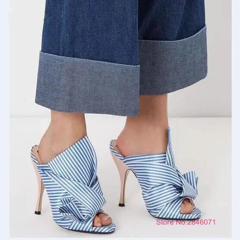 

Eunice Choo Designer Slippers Blue Knotted Striped Satin Leather Mules Sandals Open Toe Flats Slides Runway Party Wedding Shoes