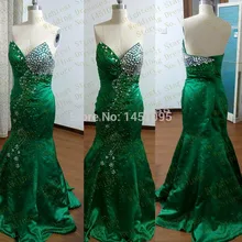 Real Sample Emerald Green Satin Meerjungfrau Lange Einbau Mieder Sexy Perlen Mit Kristall Prom Party Kleid Abendkleid Hohe Qualität