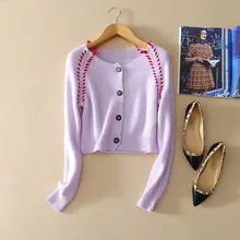 Кашемировое короткое стильное пальто с круглым вырезом и длинными рукавами, однобортный вязаный кардиган, короткий свитер, Осенний фиолетовый кардиган, свитер