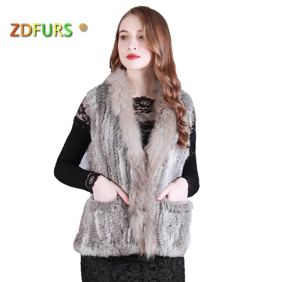 

ZDFURS * Free shipping womens natural real rabbit fur vest with raccoon fur collar waistcoat/jackets Knitted Rabbit Fur Gilet