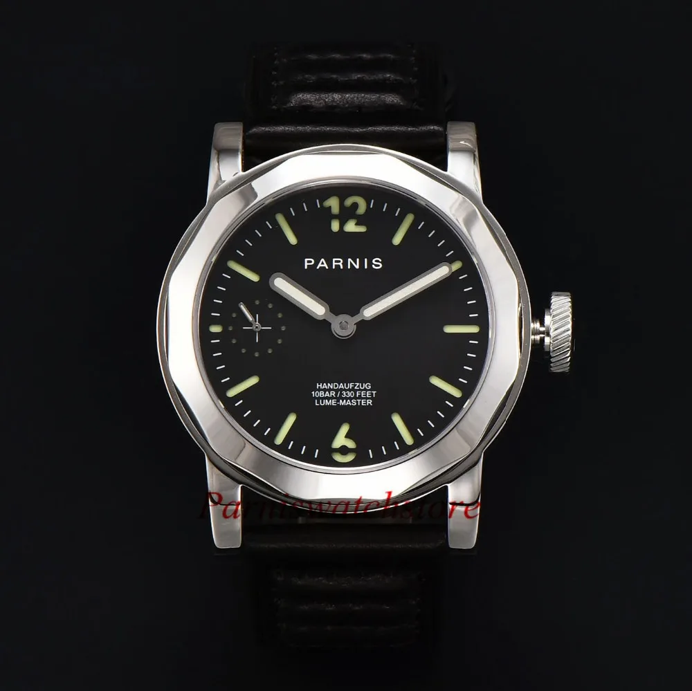 Casual 43mm Men Watch Parnis Sea-gull Watches Black Dial Hand Winding Movement Stainless Steel Case Free Shipping