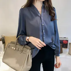 Размеры M-4XL новый для женщин шифоновая офисная рубашка с длинным рукавом v образным вырезом Блузка свободная для леди 2019