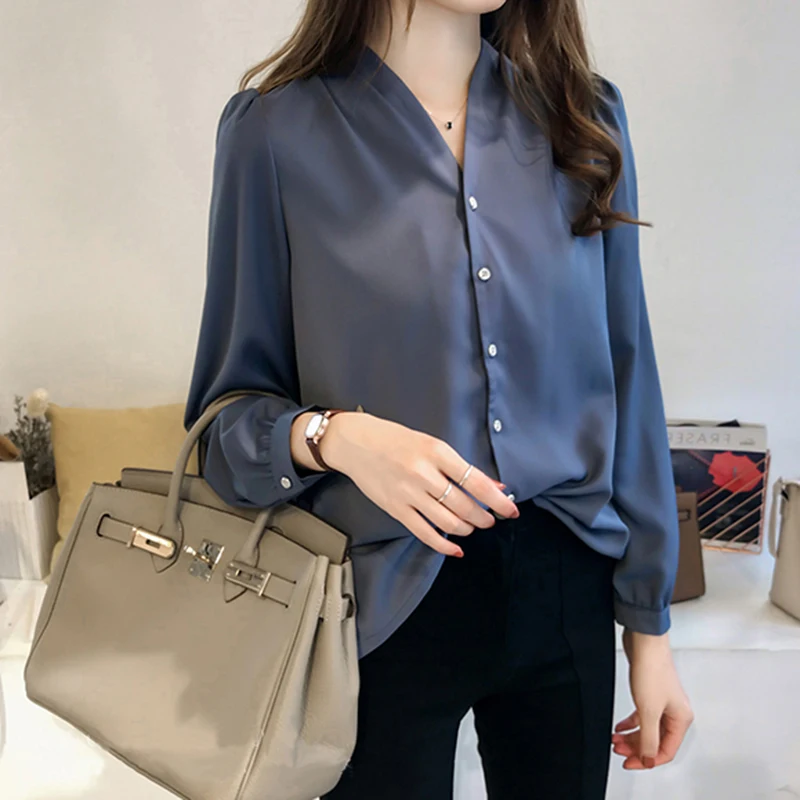 

size M-4XL new women's chiffon office shirt women long sleeve v neck blouse loose shirt for lady 2019