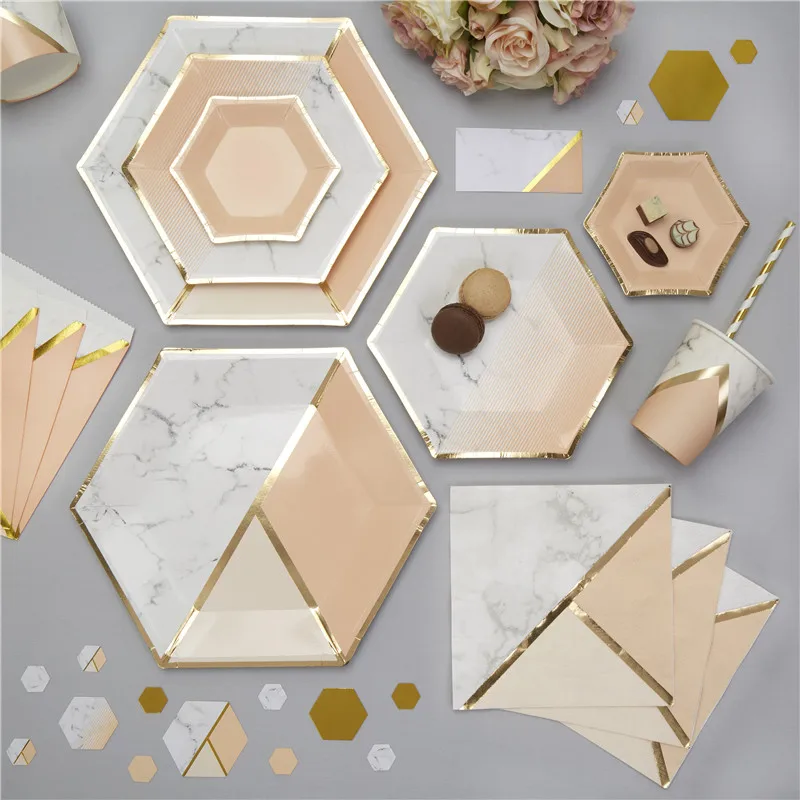 

8 Sets Peach Pink with Foil Gold Tableware Kits Marble Paper Plate Dishes Cup Napkin for Bridal Shower Engagement Modern Wedding