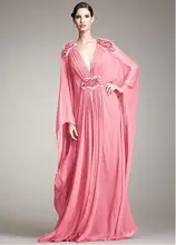 Abendkleider 2017 Sexy V-ausschnitt Chiffon Abendkleid Plissee Und Perlen Langarm Kleid Rosa Türkische Abendkleider