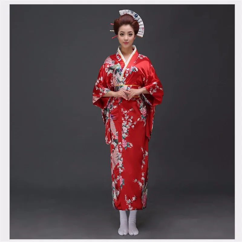 Винтажные вечерние платья, женское сексуальное атласное кимоно юката с Obi, платье для танцев, японский костюм для косплея, один размер - Цвет: Красный