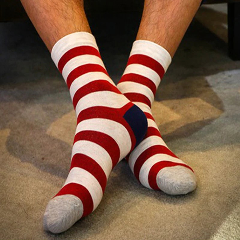 1 пара мужских носков мужские длинные носки с принтом в разноцветную полоску, весенне-зимние теплые забавные носки мужские повседневные носки в полоску, теплые носки
